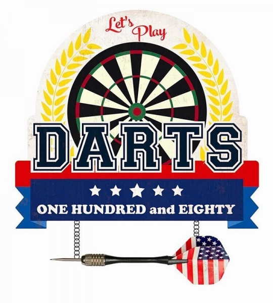 Metal sign motif cut - Lets play DARTS - 50 x 55 cm